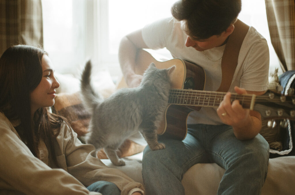 cat, couple, and guitar film photo