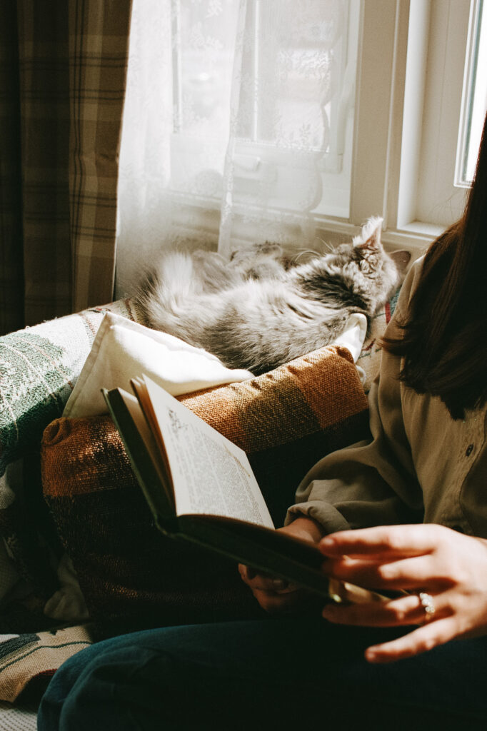 cozy cat and girl reading