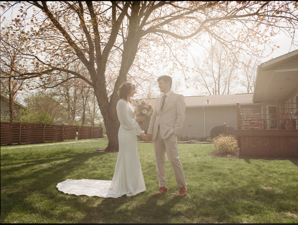 Backyard wedding bride and groom