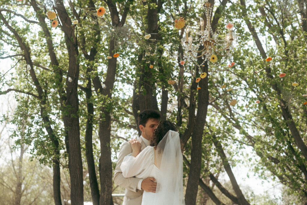 bride and groom first look in backyard wedding