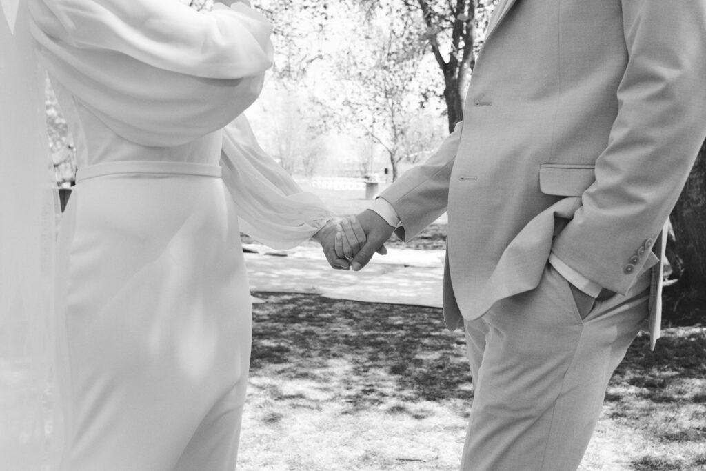 bride and groom first look in backyard wedding