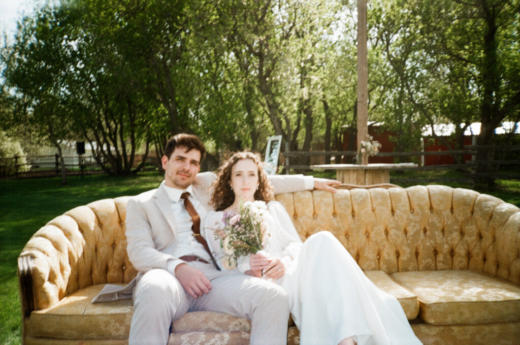 bride and groom portraits at backyard wedding ceremony