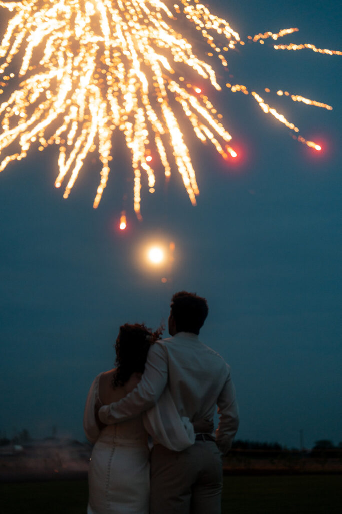 bride and groom watch fireworks in backyard wedding
