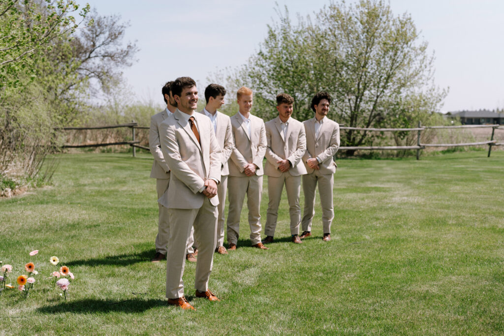 backyard wedding ceremony - grooms reaction