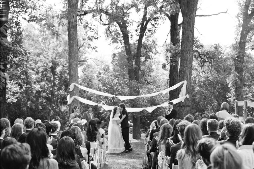 wedding ceremony first kiss on 35mm film