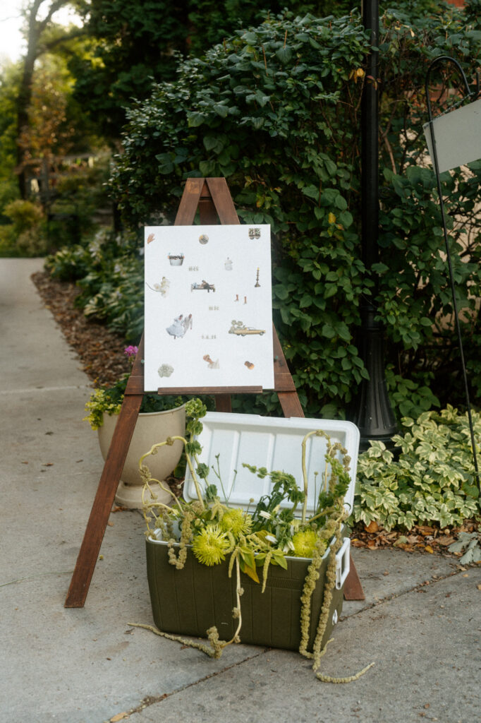Wedding detail photo of flowers and signs