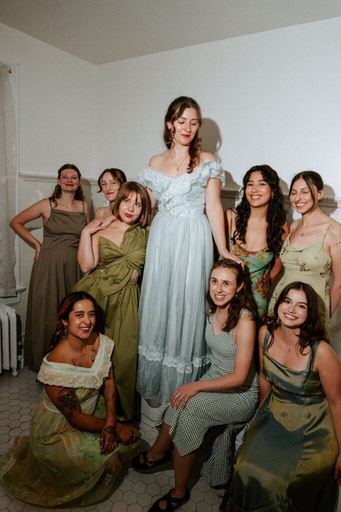 editorial-style photo of bride and bridesmaids on wedding day